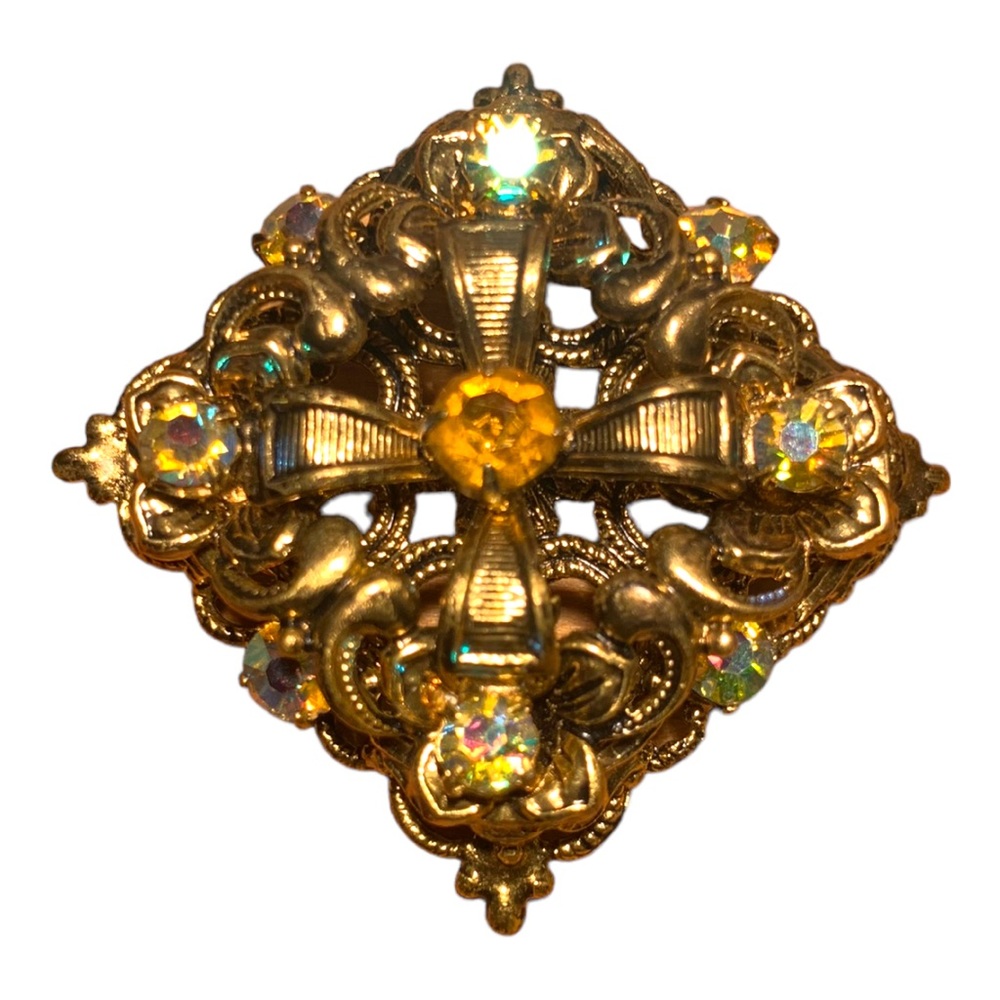VTG 40s Antique Brass Cross Filigree Embossed Czech Art Nouveau Brooch Pin